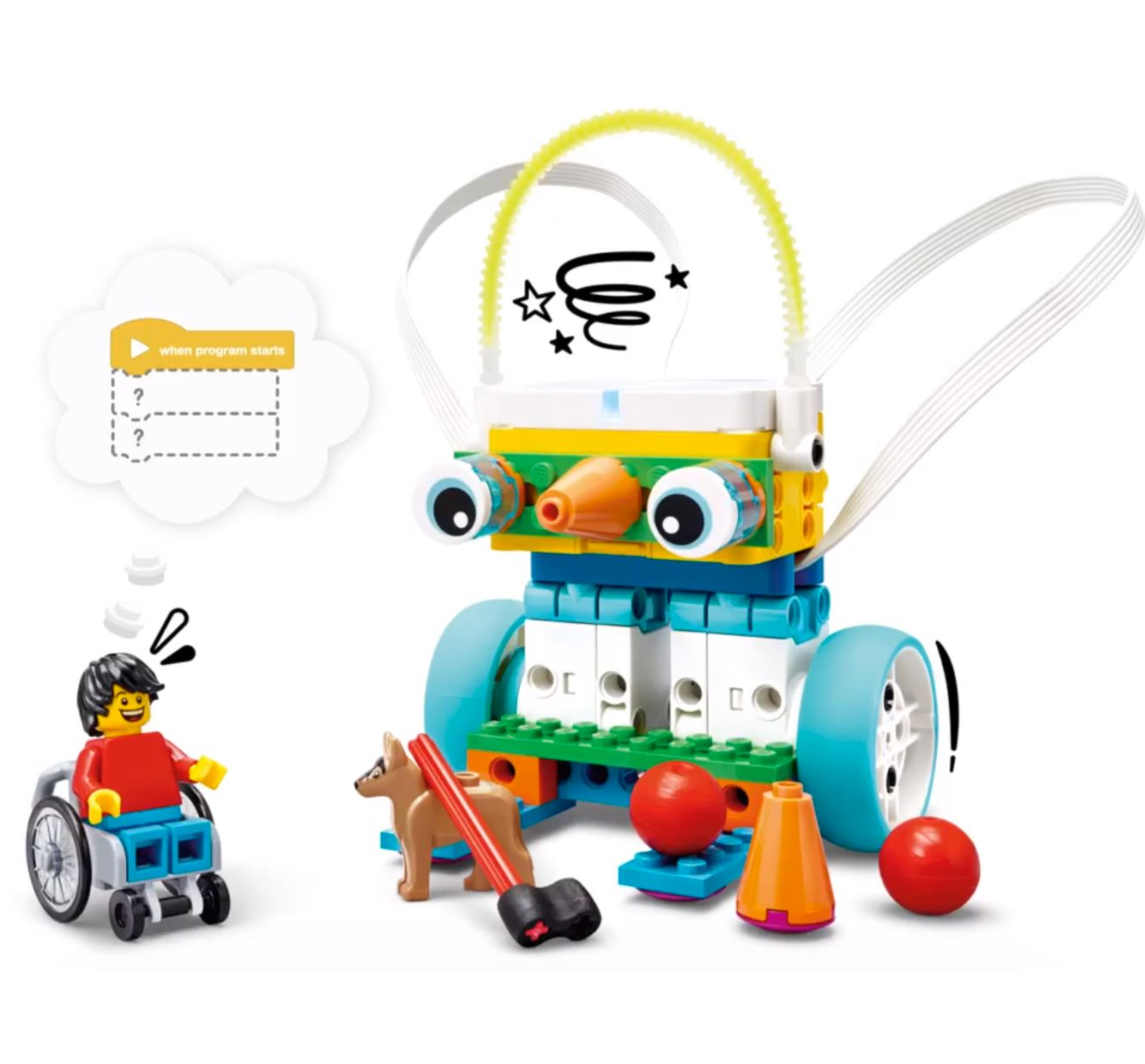 LEGO Robot with big eyes and a boy in a wheelchair