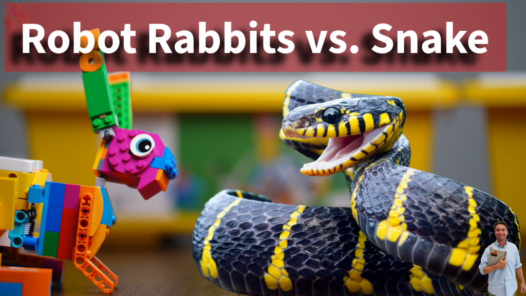 A robot rabbit stands near a snake with its mouth open